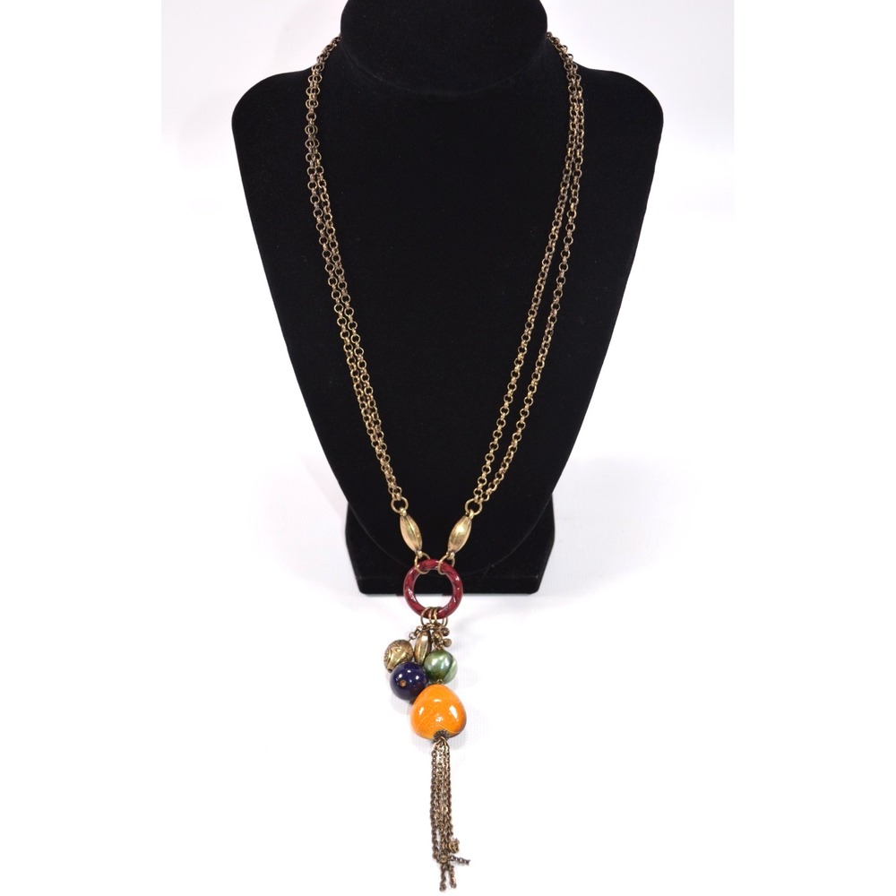 Dark Gold Tone Double‎ Chain Lariat Necklace w/ Beaded Dangles 25"